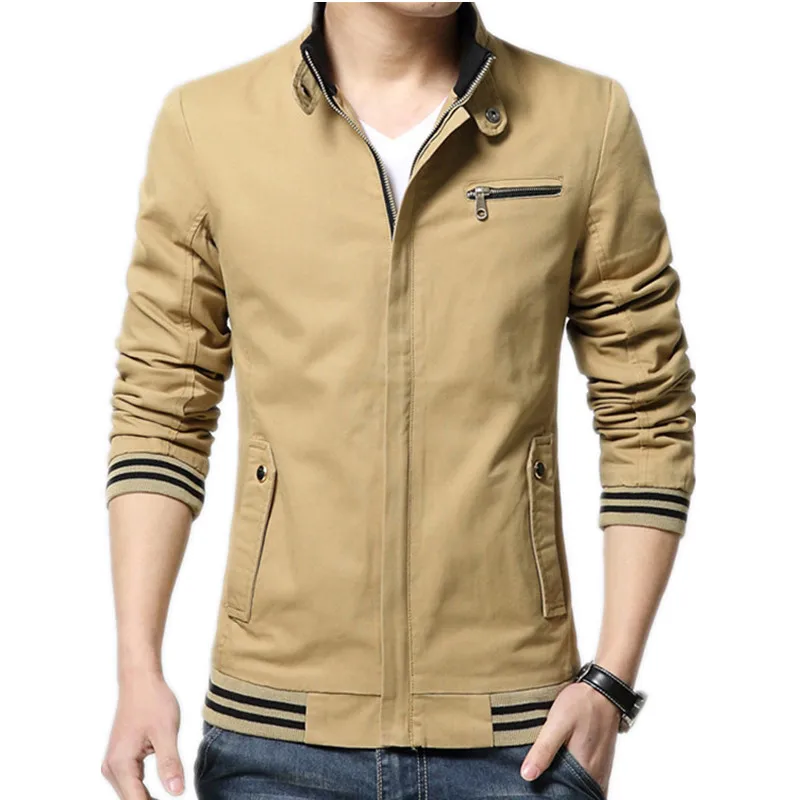 Spring Autumn Khaki Casual Stand Collar Cotton Jacket Men