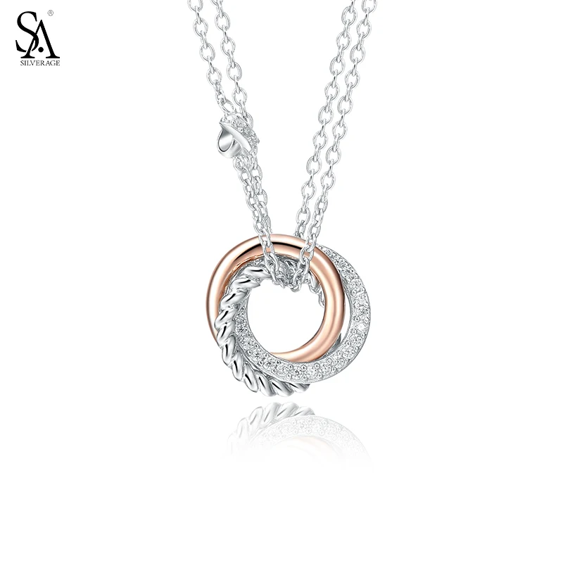 

SA SILVERAGE 925 Sterling Silver Pendant Necklace Love Knot Circle Rose Gold with CZ Real Silver Jewelry Women Accessory