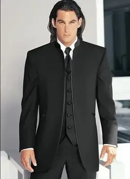 

New Custom Made 2020 Black Stand Collar Groom Tuxedos Best Man Wedding Groomsman Men Wedding Suits ( jacket+Pants+vest+tie)
