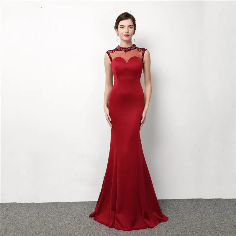 

Corzzet Wine Red Cotton Pear Beading Neck Sleeveless Long Mermaid Luxury Celebrity Evening Party Club Dresses