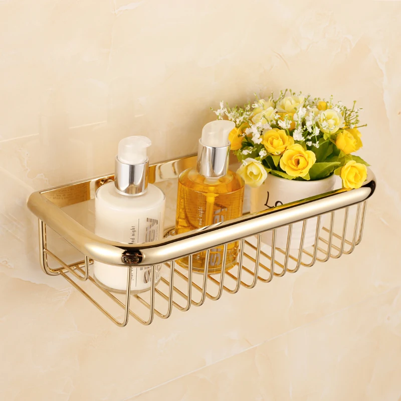 New Luxury Wall Mounted Golden Polished Square Shower Basket Shelf for Cosmetic Orgnizer