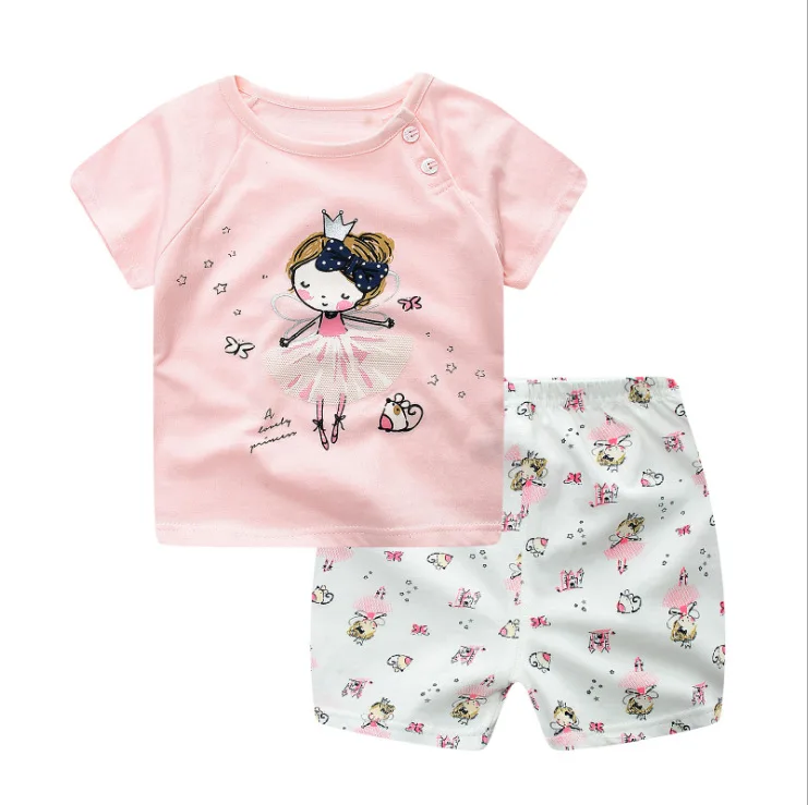 Летняя одежда с короткими рукавами для маленьких мальчиков и девочек; хлопковый комплект нижнего белья для детей; комплект одежды из двух предметов для малышей