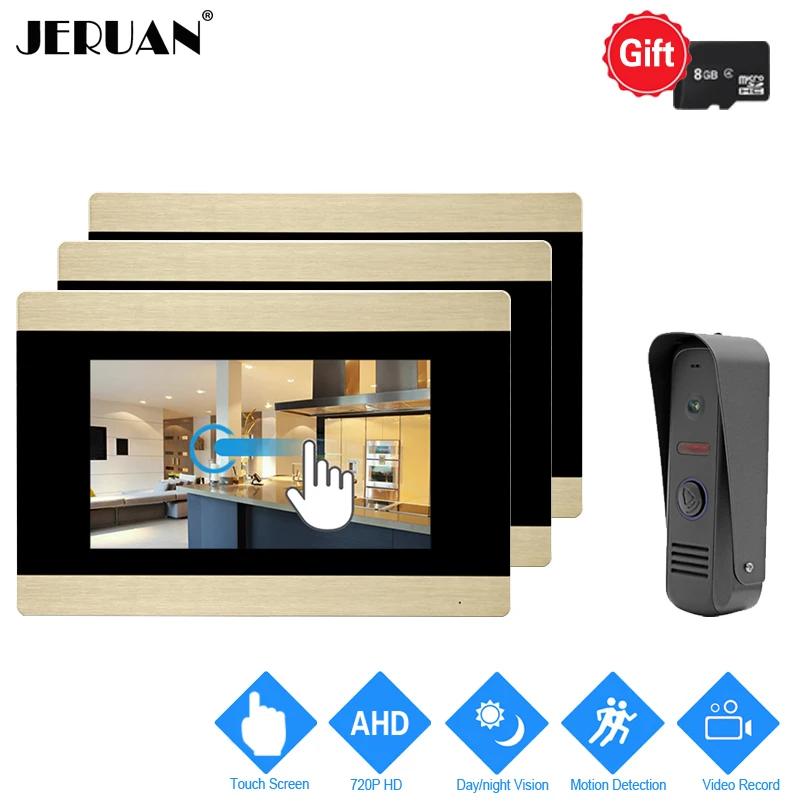 

JERUAN 720P AHD Motion Detection 7`` LCD Touch Screen Video Door Phone Intercom System 3 Record Monitor +AHD HD Mini Camera 1V3
