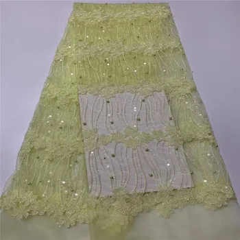 

2019 Latest Nigerian Laces Fabrics High Quality African Laces Fabric For Wedding Dress French Tulle Lace With Sequins Yellow