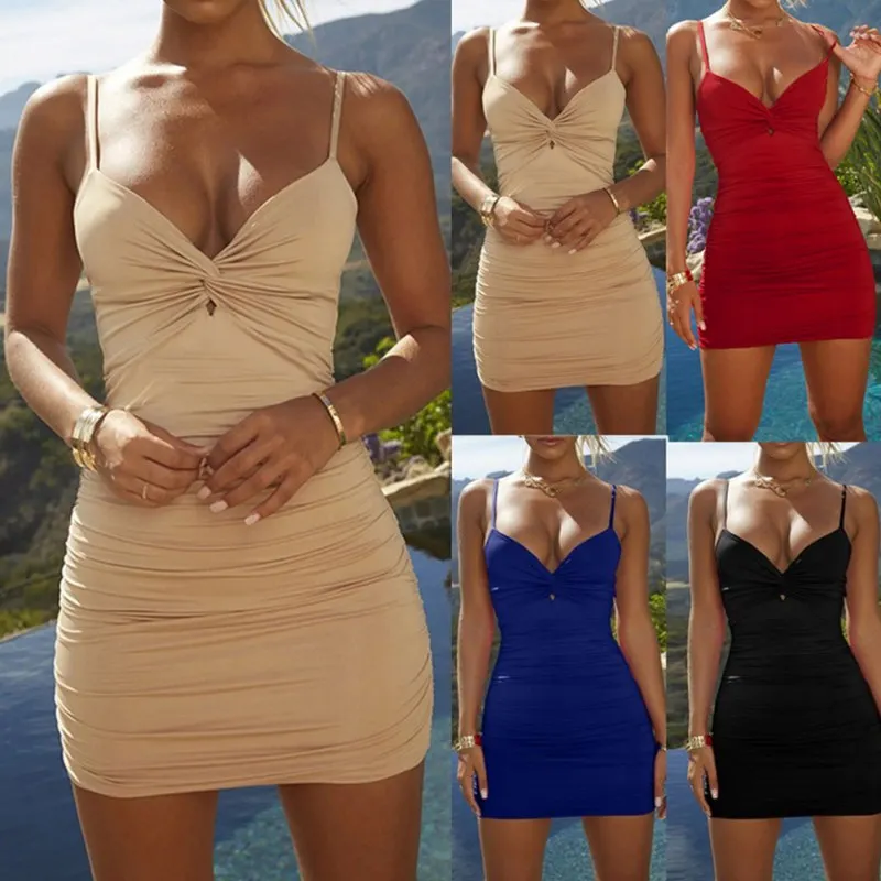 

2019 Summer Deep V Sexy Low-cut Bag Hip Dress Pleated Strap Solid Color Dress Female dresses