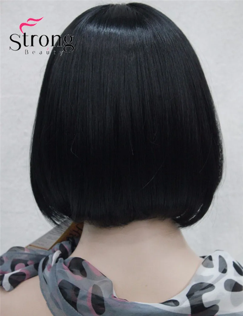 E-1290 #1 hivision cute jet black short straight bob synthetic centre skin top women's wig (4)