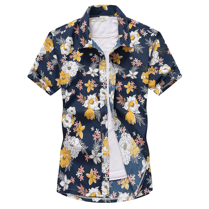 Мужские хипстерские летние пляжные Гавайские рубашки с коротким рукавом, брендовые новые хлопковые повседневные рубашки с цветочным принтом, облегающие рубашки - Цвет: 10