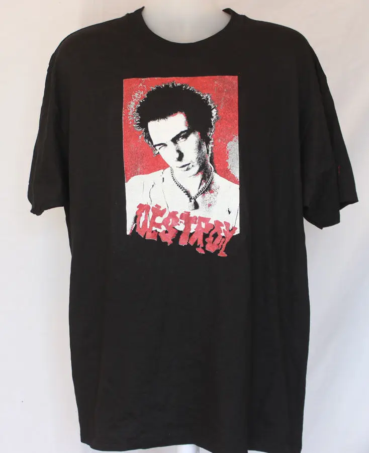 

Sid Vicious-(RARE)-Destroy-Profile-Red Glitter-X-Large Black T-shirtTops