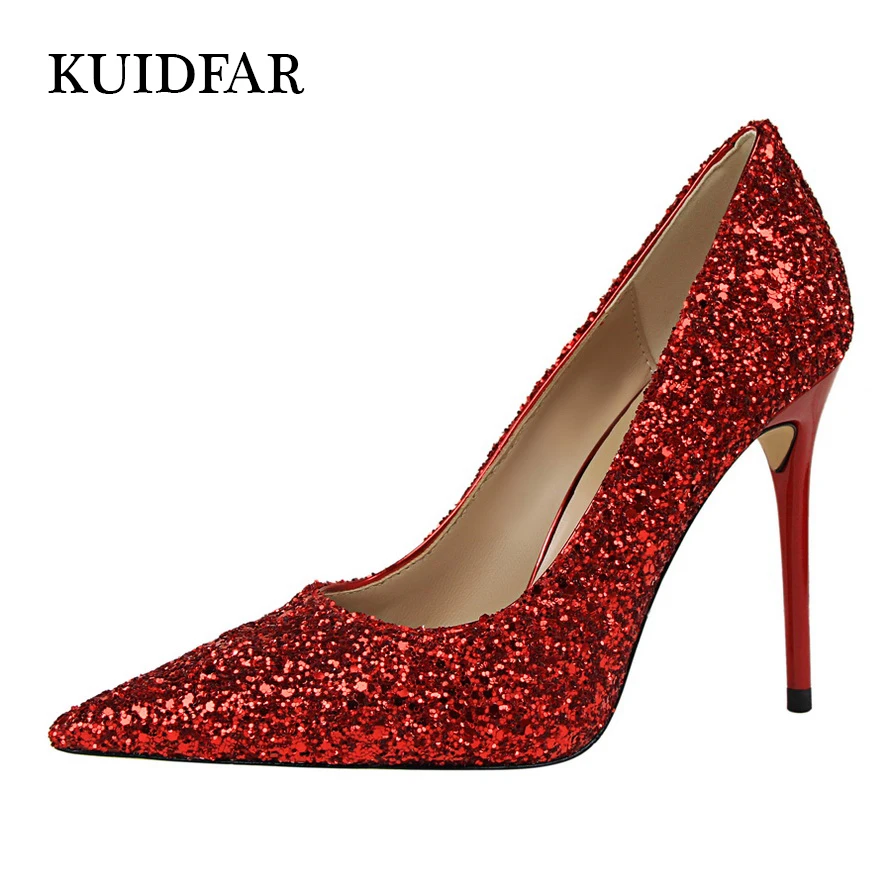 

KUIDFAR Women Pumps Bling Sexy Women Heels Valentine High Heels Fashion Thin Heels High Party Women Shoes 9.5cm Gold Sliver