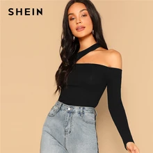 SHEIN, camiseta asimétrica con cuello recortado, camiseta acanalada de primavera 2019 para mujer, camiseta y Tops elegantes ajustados de manga larga para fiesta