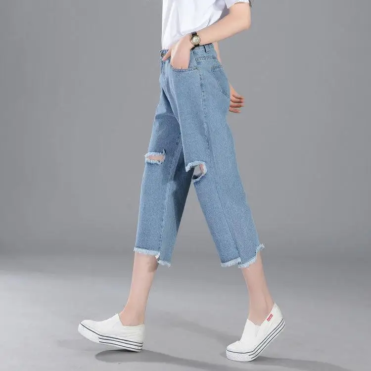

Ripped Hole Fringe Blue Denim Jeans For Women 2017 Hot Sale Freeshipping Loose Vintage Plus Size Mid Waist Calf Length