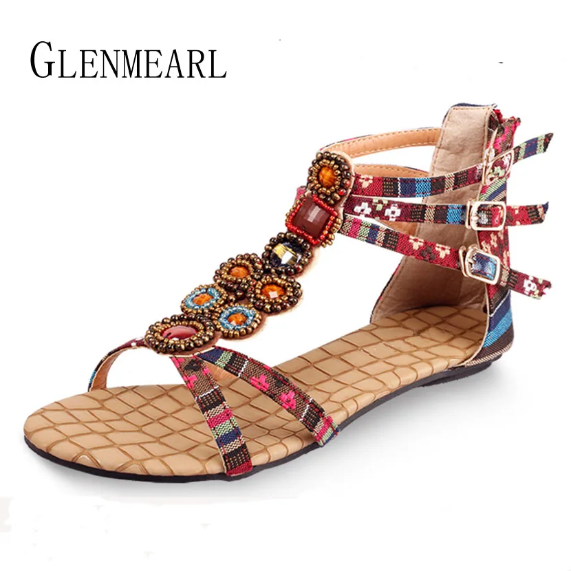 

2019 Summer Plus Size Flats Women Sandals Bohemia Ladies Beach Shoes Casual Single Rome T-strap Female Sandals Large Size ZK25