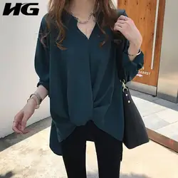 [HG] Womne 2019 лето Новая Корея Мода v-образным вырезом полный рукав Свободная Женская рубашка сплошной цвет Нерегулярные Повседневная Блузка