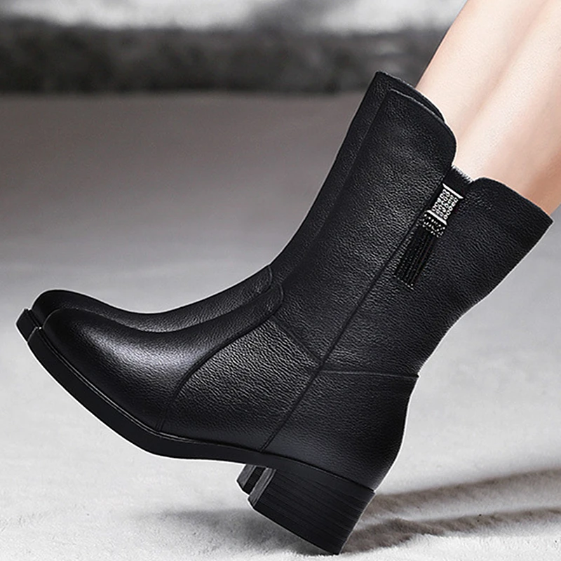 US $39.53 Dongnanfeng Women Female Mother Ladies Genuine Leather Shoes Boots Mid Calf Winter Plush Fur Warm Zipper Med Heel Bling Bh8783