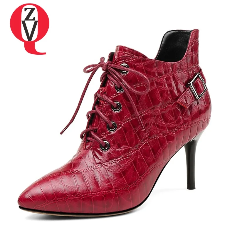 

ZVQ 2018 hot sale woman shoes genuine leather side zipper pointed toe high heels woman lace-up elegant dress booties size 33-40