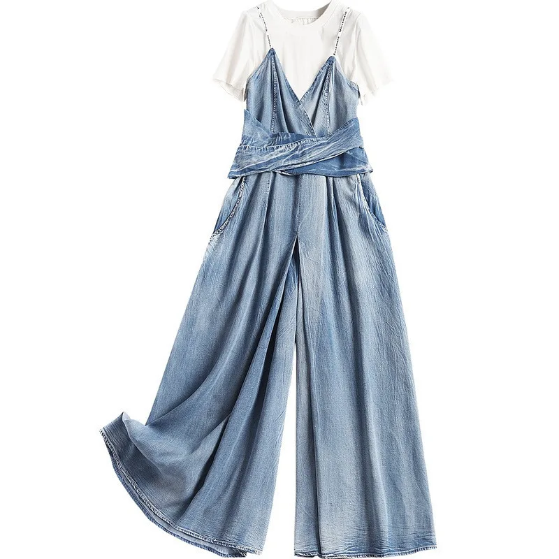 Shuchan Fashion 2019 2 Piece Set Women Cotton White T-shirt+denim Rompers Conjunto Feminino Womens Sets High Quality 50527 Shuchan Fashion 2019 2 Piece Set Women Cotton White T-shirt+denim Rompers Conjunto Feminino Womens Sets High Quality 50527