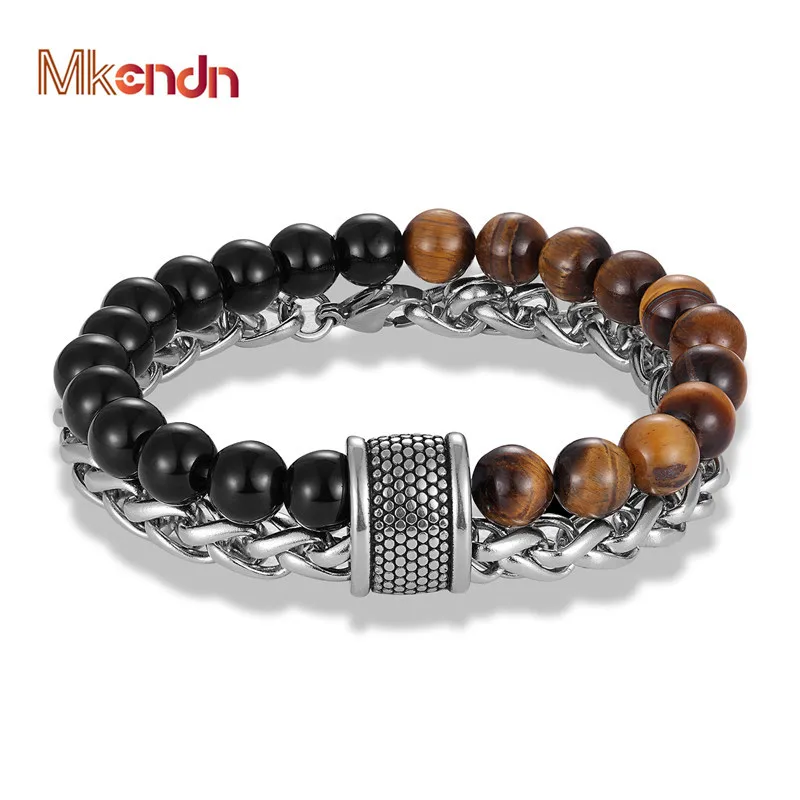 

MKENDN Unique Natural Red Tiger Eye Stone Men's Beaded Bracelet Stainless Steel Bracelets Male Jewelry Fashion Gift Dropshipping
