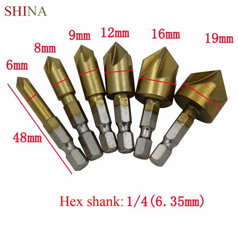 Shina 6PCS Set 90 Degree Hexagonal Shank Five Blade 6mm-19mm Chamfer Chamfering Tool Boring Machine Woodworking Countersink Bit