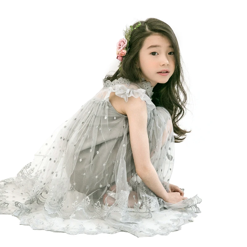 

kids sleeveless lace christmas dress gray princess costume age for 4 -14 yrs big girls tulle embroidery bow teenage party frocks