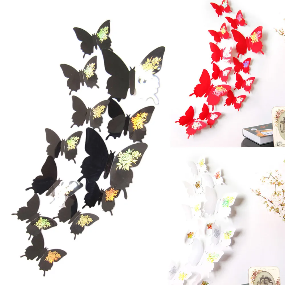 

Free shipping A Set 12 Pcs Wall Stickers Decal Butterflies 3D Wall Art Home Decors Room Decorations 2018 New Arrival Wall Decals