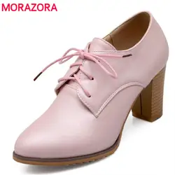 MORAZORA/2019 Новое поступление, женские туфли-лодочки из искусственной кожи с круглым носком, весенне-летние туфли на шнуровке, туфли на высоком