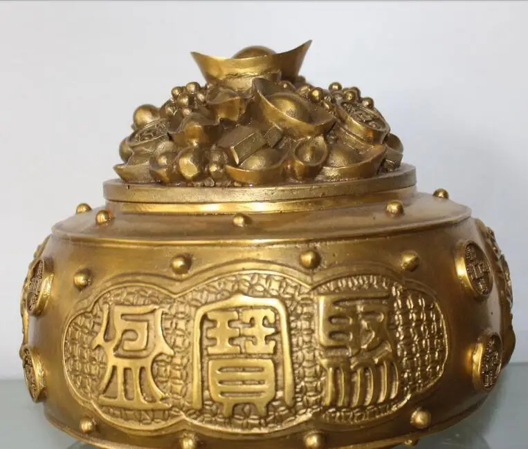 

free 8"Chinese Bronze Feng Shui Wealth Money Coin Yuanbao Treasure bowl Handle Censer fast