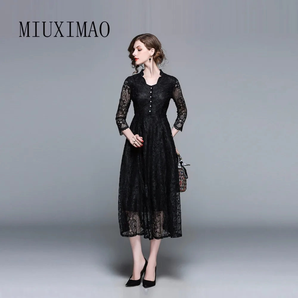 

High Quality 2018 Spring & Summer Latest Fashion V-Neck Full Sleeve Elegant Lace Flower Print A-Line Mid-Calf Dress Women