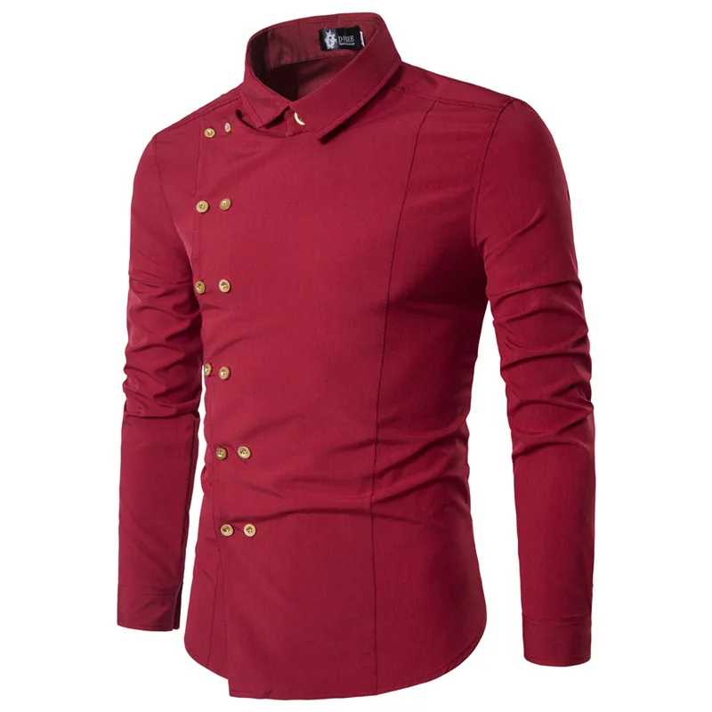 Весенние рубашки, мужские рубашки с косой пуговицей, Необычные двубортные мужские рубашки с длинным рукавом Camisa Masculina, мужские облегающие рубашки - Цвет: Red