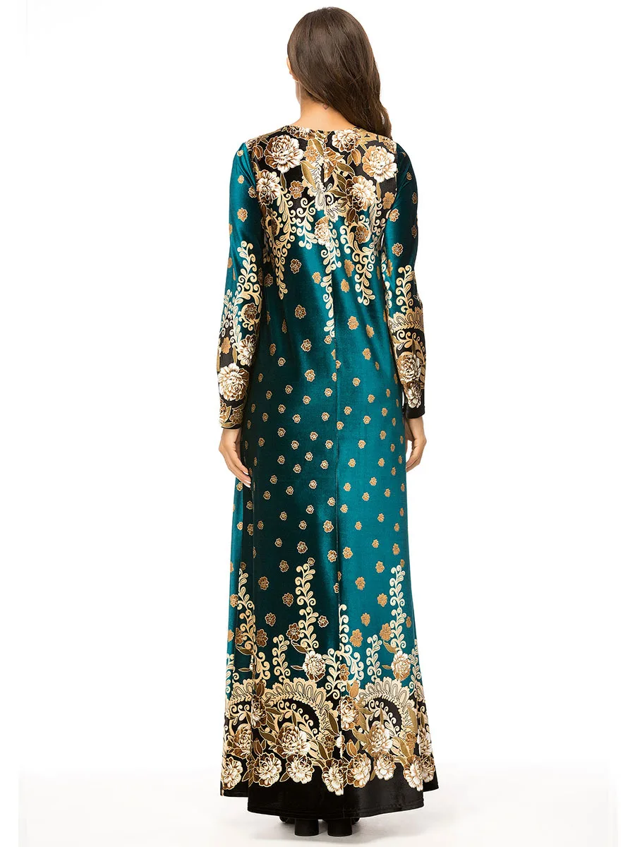 Мусульманское женское платье с длинным рукавом, бархатное, с вышивкой, Дубай, макси, abaya jalabiya, Исламская одежда для женщин, халат, кафтан, Марокканское, 7319