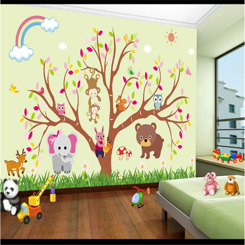3D Animal Wallpaper Custom Cartoon Tree Kids Room Wallpaper Environmental Protection Interior Wallpaper Boys Study Bedroom