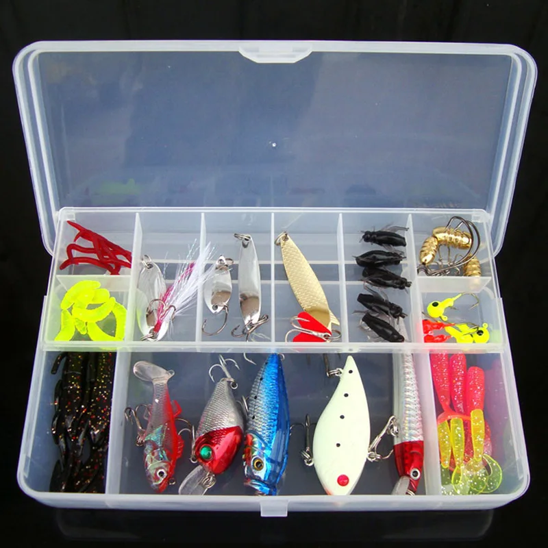 

Fishing Lure Kit 50 Pieces Soft Hard Bait Spoon Minnow VIB Crankbait Jig Head Worm Accessories With Case