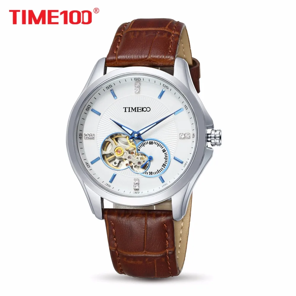 Модный TIME100 мужские Автоматические часы с автоподзаводом Механические часы Металлический циферблат Часы Черный Кожаный Ремешок