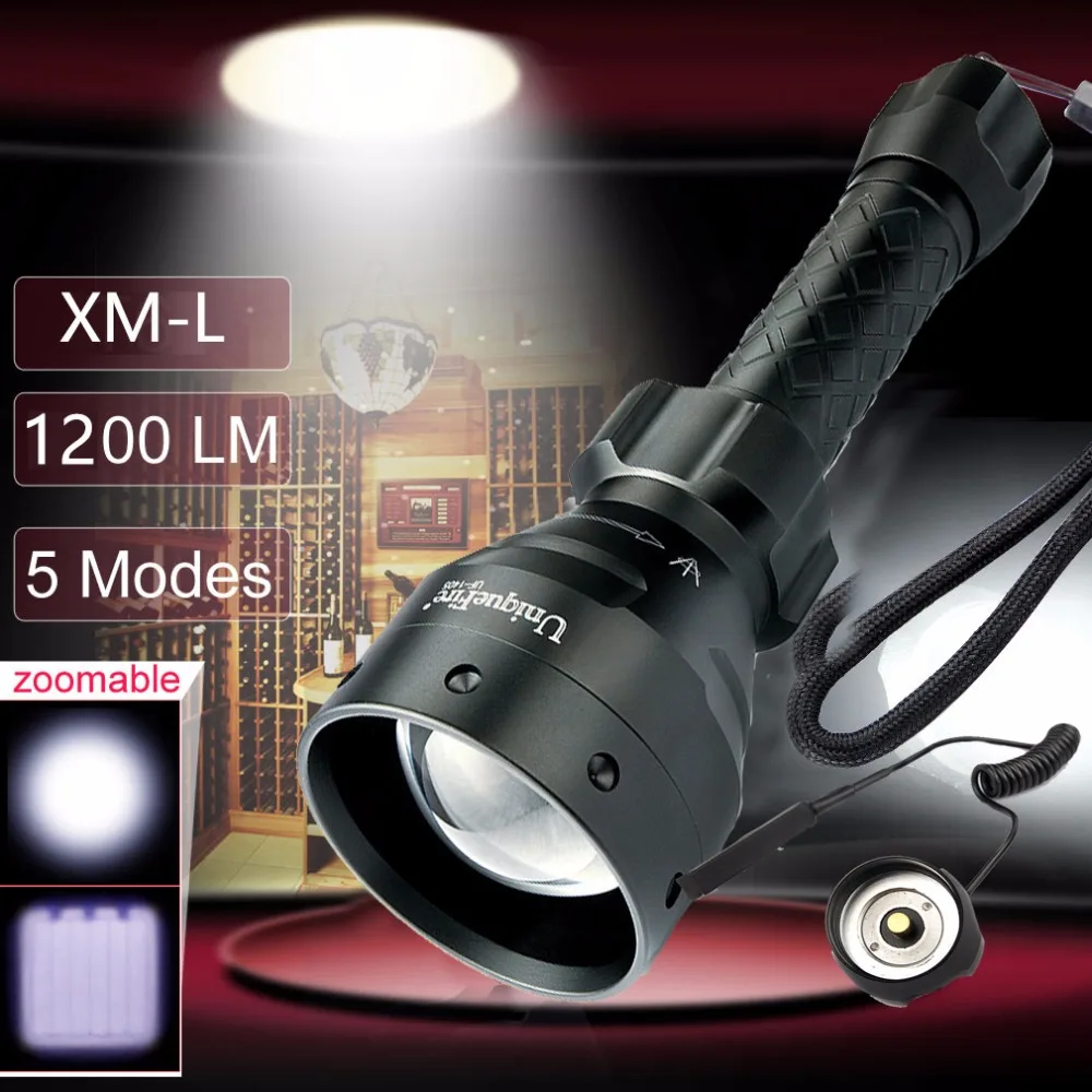 

UniqueFire T6 Flashlight 1405 XML 1200LM Adjustable Focus Torch Led 18650 5 Modes Light+Remote Pressure For Hunting