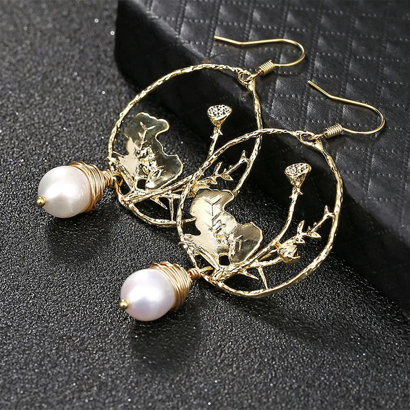 

Natural Fresh Water Baroque White Pearl Flower Earrings For Women 14KGF Drop Earrings Jewellery Aros Mujer Oreja
