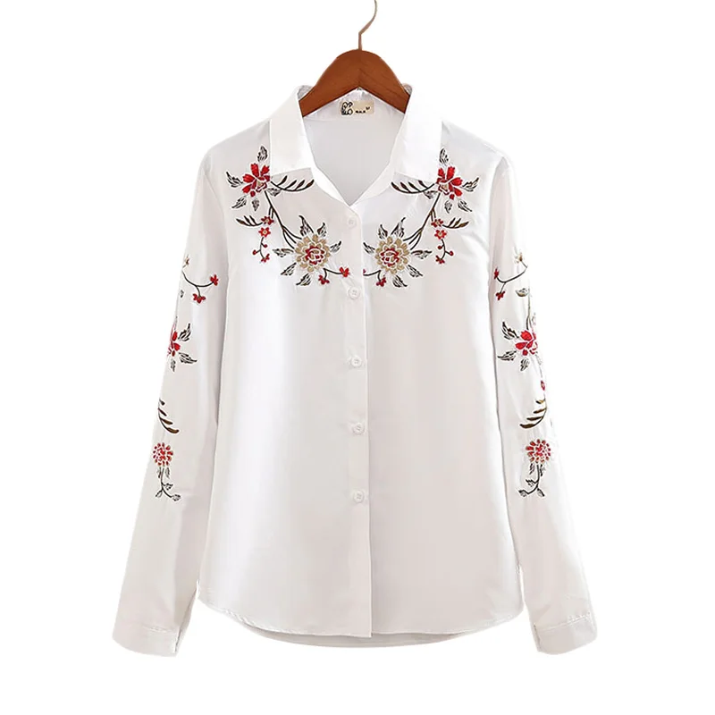 Autumn White and Striped Embroidered Women Casual Shirts