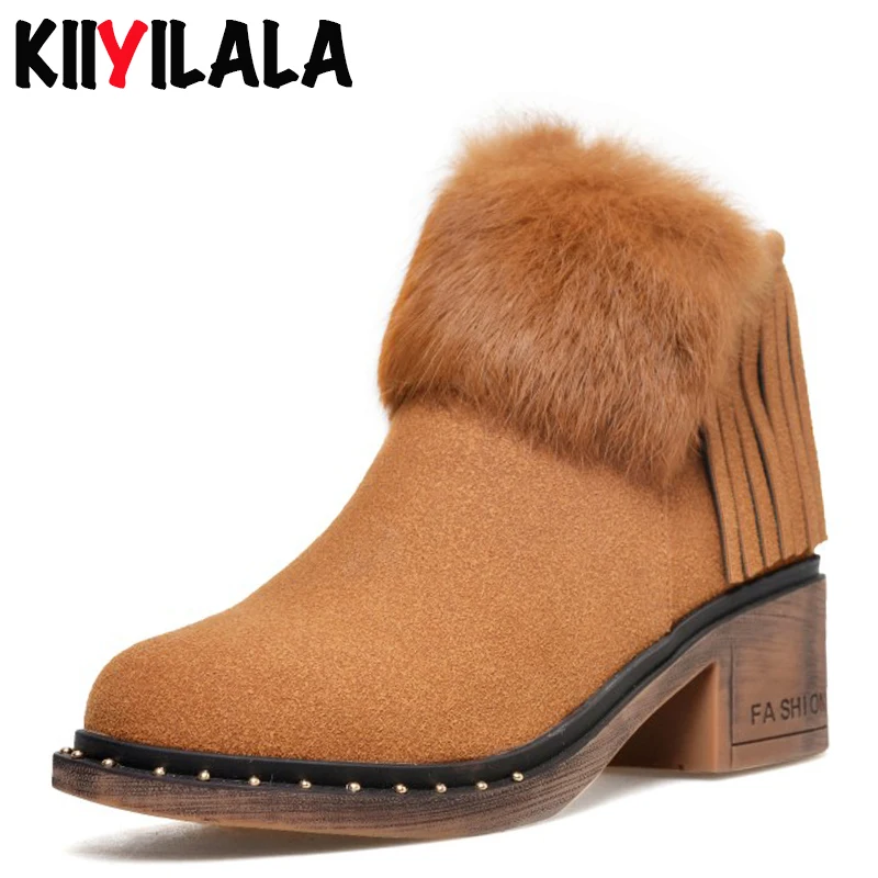 

Kiiyilala Ankle Boots For Women Rivet Decoration Winter Fashion Boots With Fringe Round Toe Square Heel Side Zipper Snow Boots