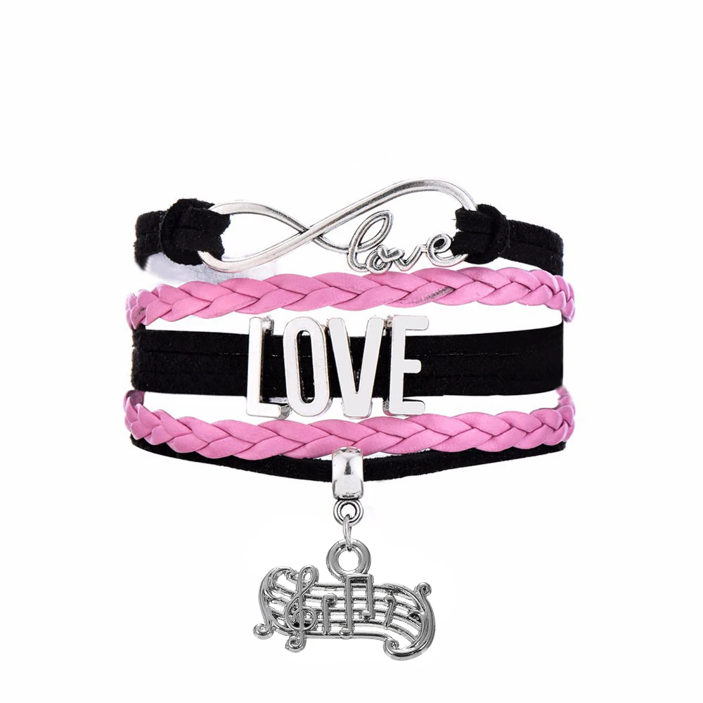 

Skyrim Infinity LOVE Connect With Staff Musical Note Charm Fashion Pendant Black Pink Multi-layer Braided Bracelet