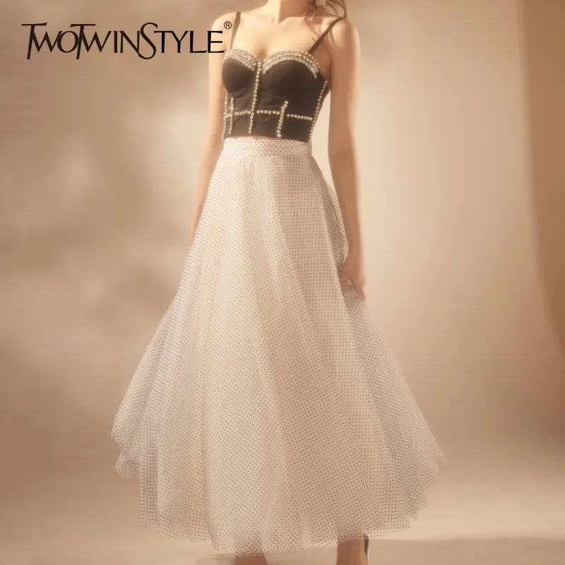 

TWOTWINSTYLE Korean Two Piece Sets Female Diamonds Patchwork Sleeveless Strapless Crop Top High Waist Polka Skirt Womens Suits
