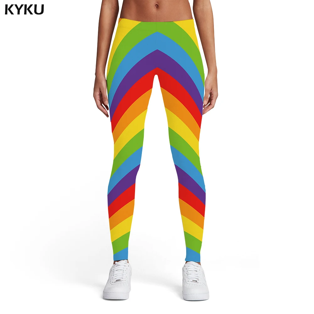 spanx leggings KYKU Brand Rainbow Leggings Women Colorful Sport Psychedelic Sexy Stripes Printed pants Gothic 3d Print Womens Leggings Pants flare leggings