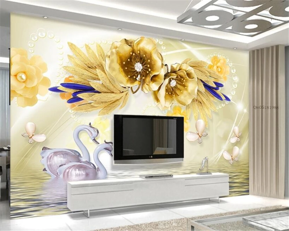 

Beibehang Custom Wallpaper Golden Flower Swan Lake Jewelry Silk TV Backdrop Living Room Bedroom Background 3D Wallpaper mural