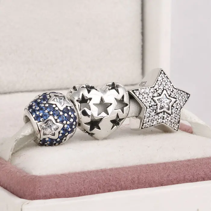 

925 Sterling Silver Charm Sets Crystal Pave Ball Star Bead Fit Key Chain, Bracelet & Bangles, Necklace & Bracelets for Women