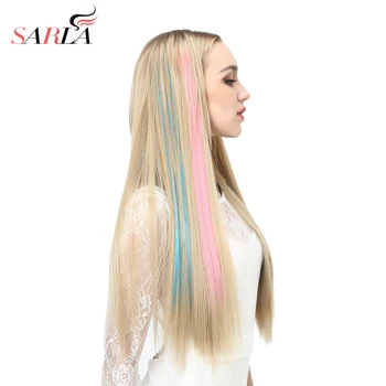 

20" Long Straight Fake Colored Hair Extensions Clip in Highlight Rainbow Hair Streak Ombre Pink Synthetic Hair Strands On Clips