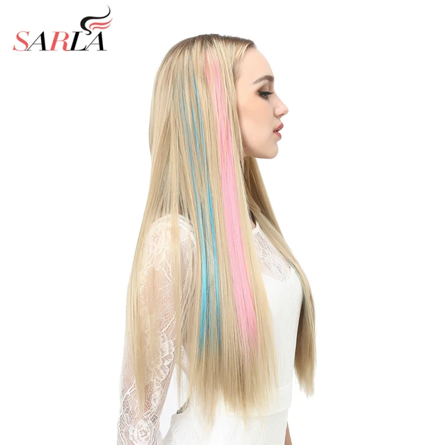 20" Long Straight Fake Colored Hair Extensions Clip in Highlight