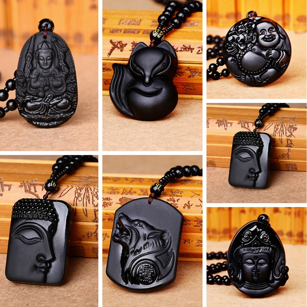 

High Quality Unique Natural Black Obsidian Carved Buddha Lucky Amulet Pendant Necklace Women Men Jewelry Reiki Healing crystal