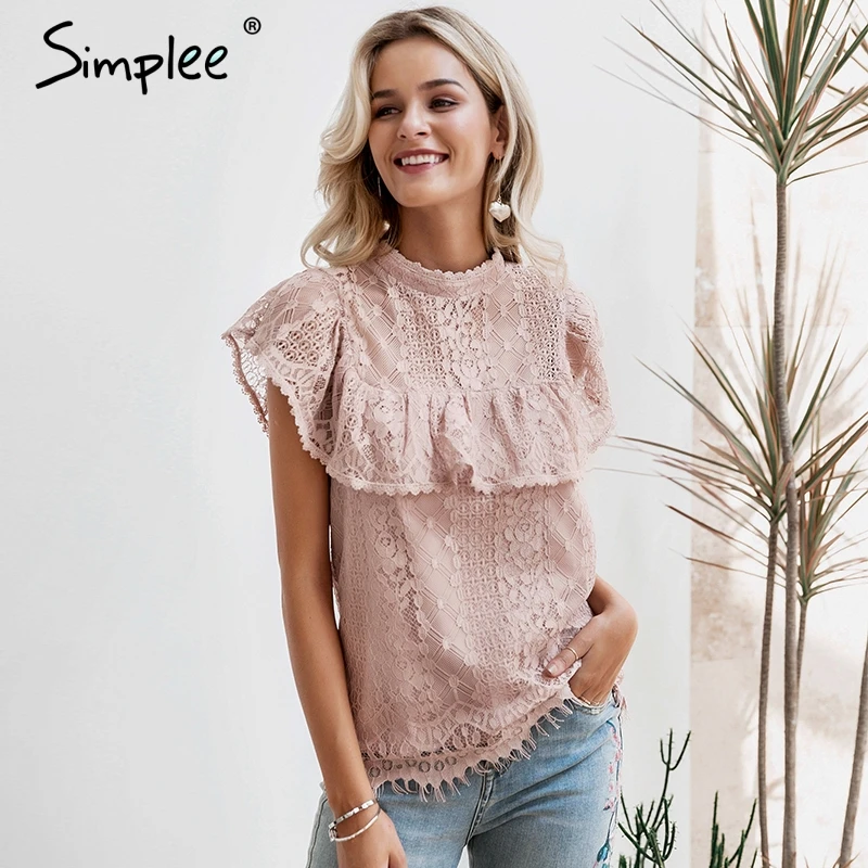 Cena Simplee O neck koronkowe drążą kobiety bluzka koszula haft wzburzyć podszewka eleganckie bluzki damskie letnie party bluzki i topy
