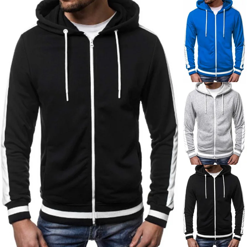 2019 Men Stripe Casual Workout Sweatshirt Hoodie Top Soild Male Pocket Zipper Tracksuit Men Cotton Cardigan Hoodies