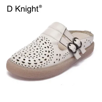 

2019 Summer New Women Slippers Retro Handmade Women's Shoes Genuine Leatther Ladies Slides Shoes Soft Cut-out Female Mother Shoe