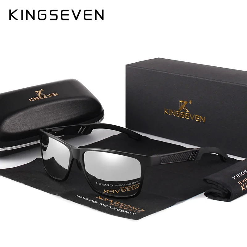 KINGSEVEN Brand Men's Glasses Square Polarized Sunglasses UV400 Lens Eyewear Accessories Male Sun Glasses For Men/Women - Цвет линз: Black Silver
