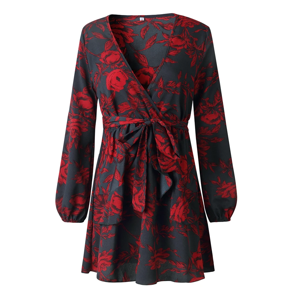 Print Dress 2018 Autumn Lady Sexy Deep V-Neck Flower Dresses longsleeve Print Hem Folds Bohemian Style Belt Mini Beach Dress HTB1AePqKkOWBuNjSsppq6xPgpXaK - Print Dress 2018 Autumn Lady Sexy Deep V-Neck Flower Dresses longsleeve Print Hem Folds Bohemian Style Belt Mini Beach Dress