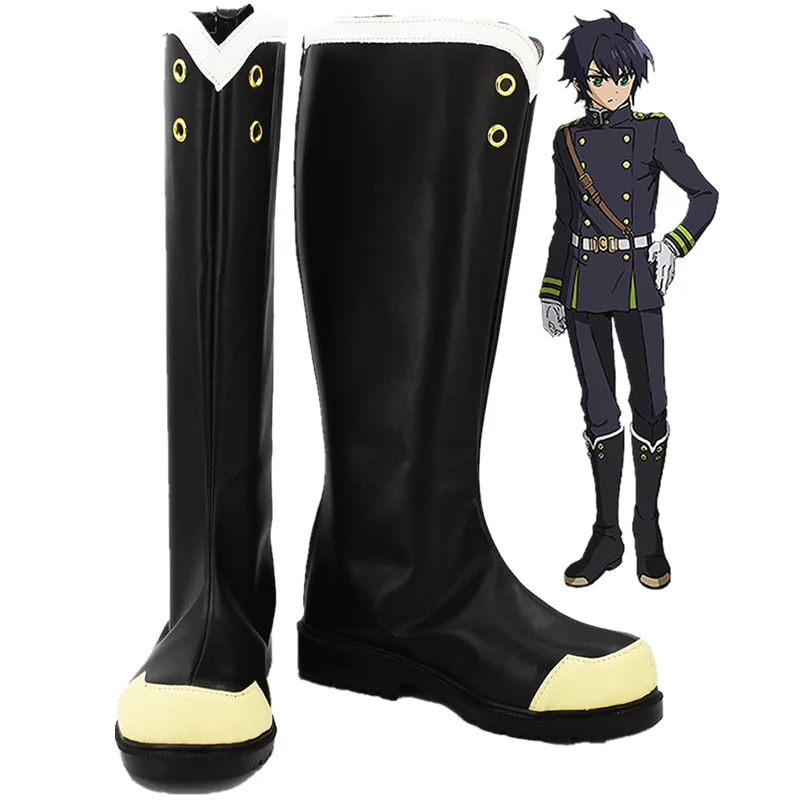 Seraph of the End Crowley Eusford Black Halloween Long Cosplay Shoes Boots D006